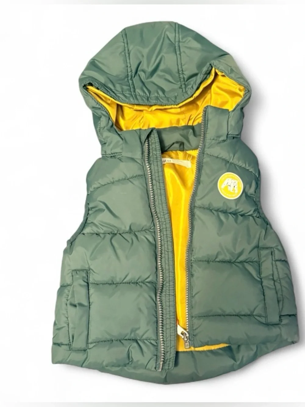 H&M Green Quilted Hooded Puffer Vest with Yellow Patch